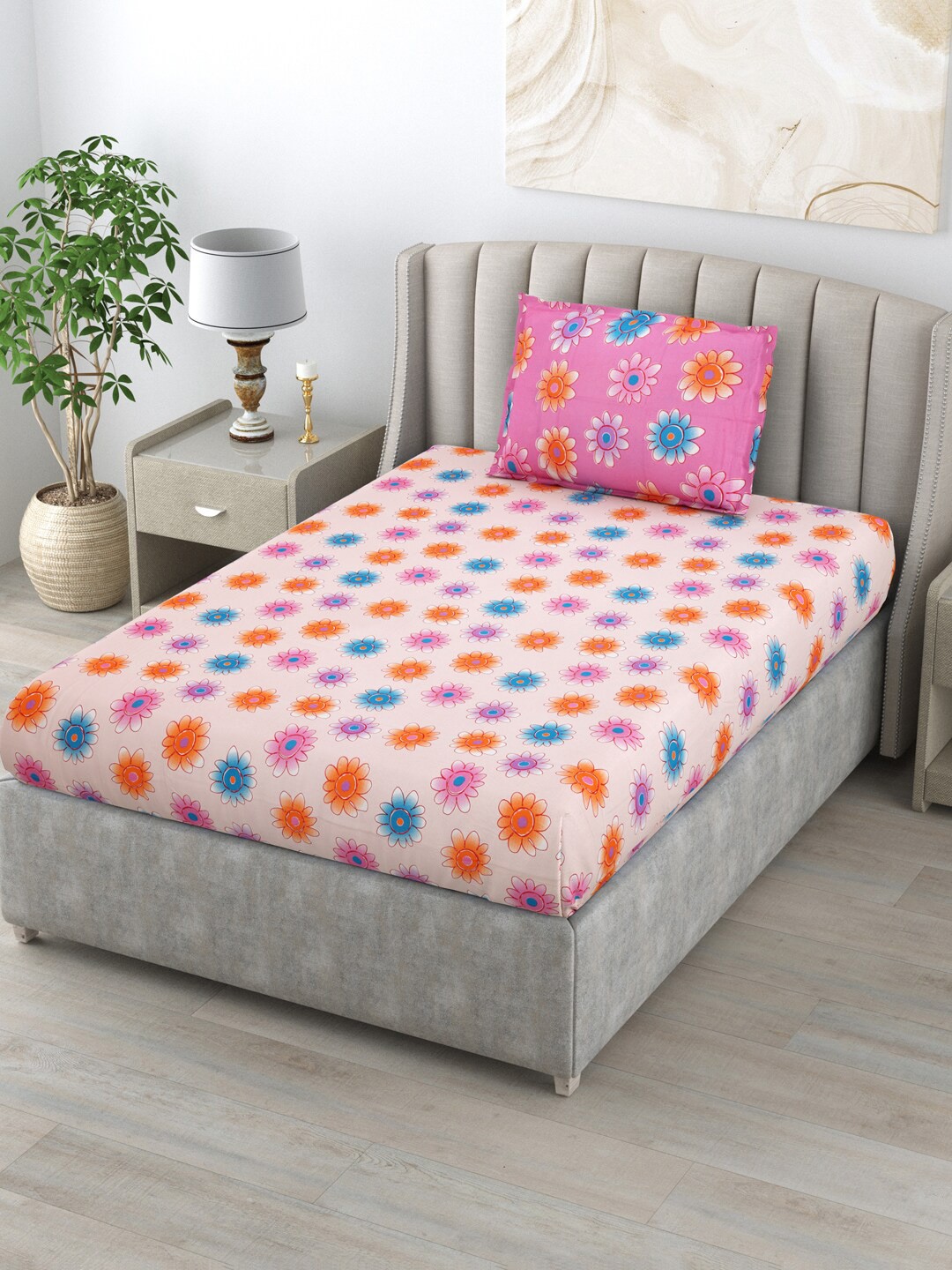 

BOMBAY DYEING Blumen Pink Floral Cotton 120 TC Single Bedsheet with 1 Pillow Cover