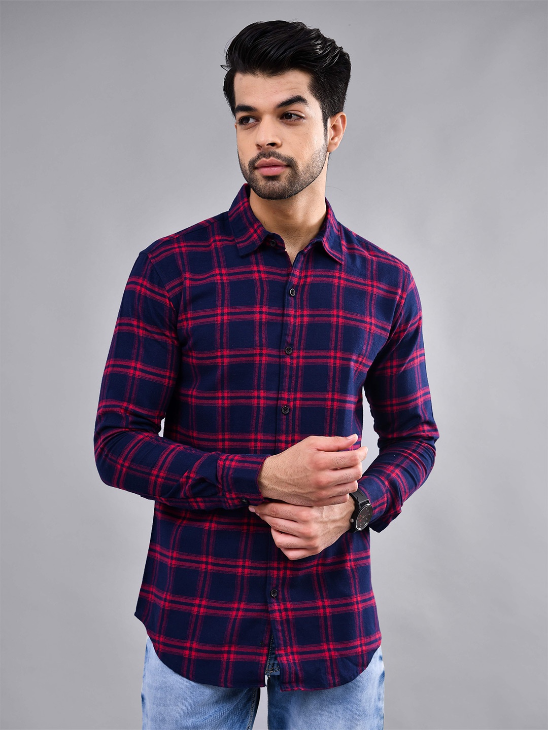 

DEZANO Modern Tartan Checks Spread Collar Long Sleeves Casual Shirt, Navy blue