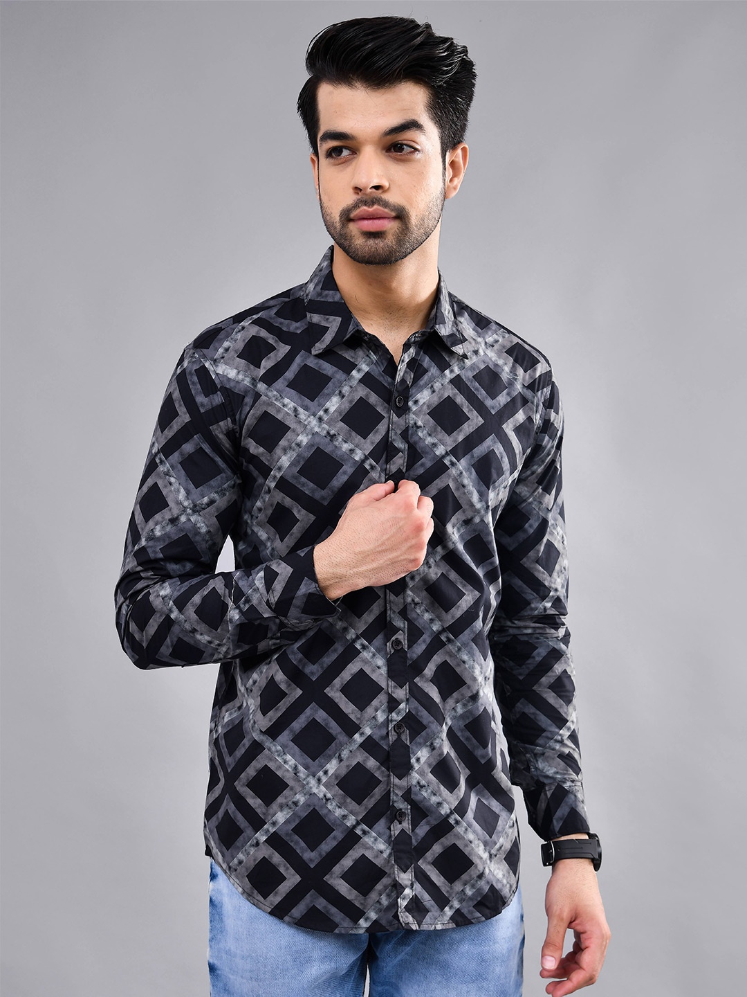 

DEZANO Modern Opaque Printed Pure Cotton Casual Shirt, Black