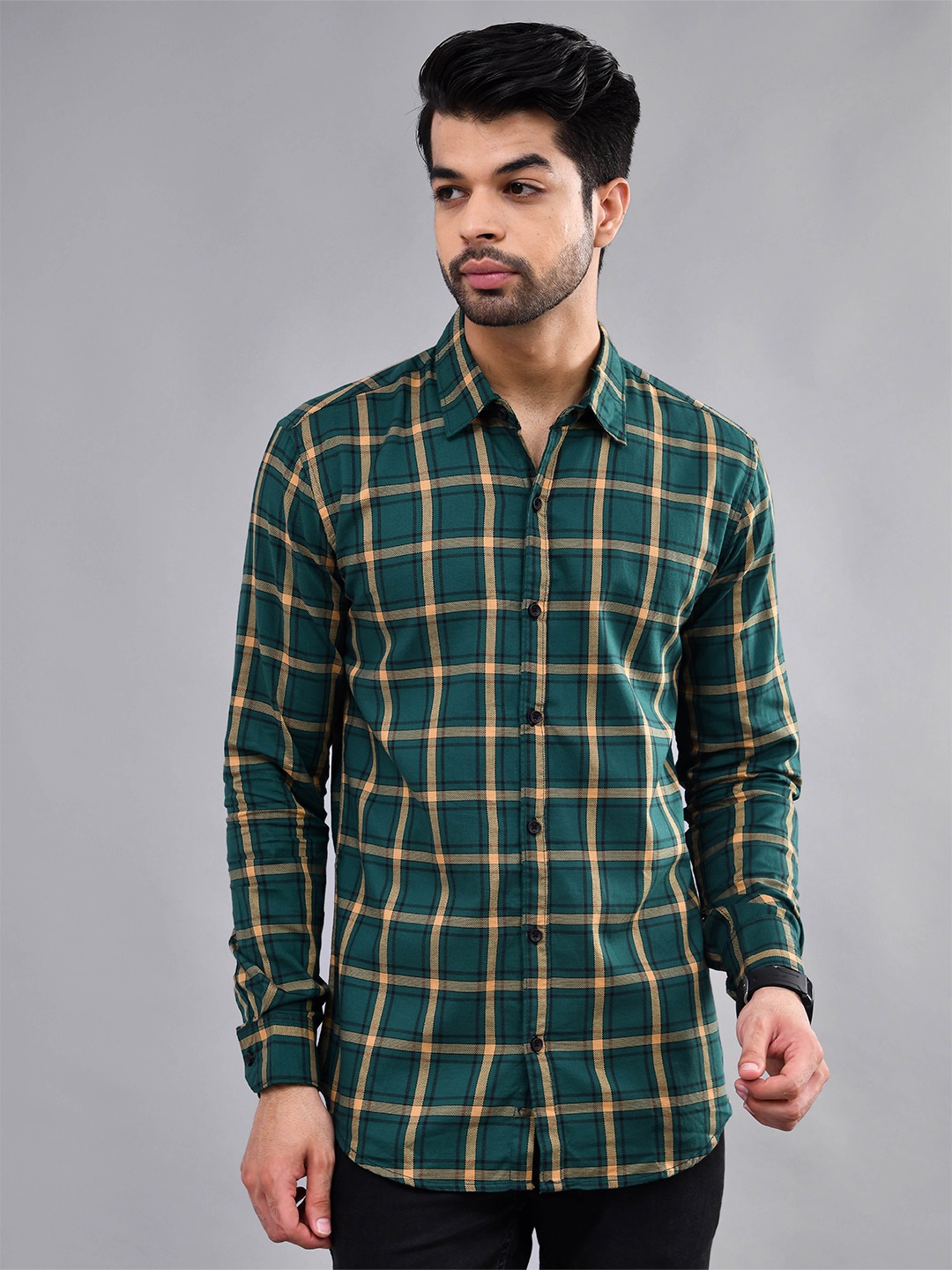 

DEZANO Modern Tartan Checked Opaque Pure Cotton Casual Shirt, Green