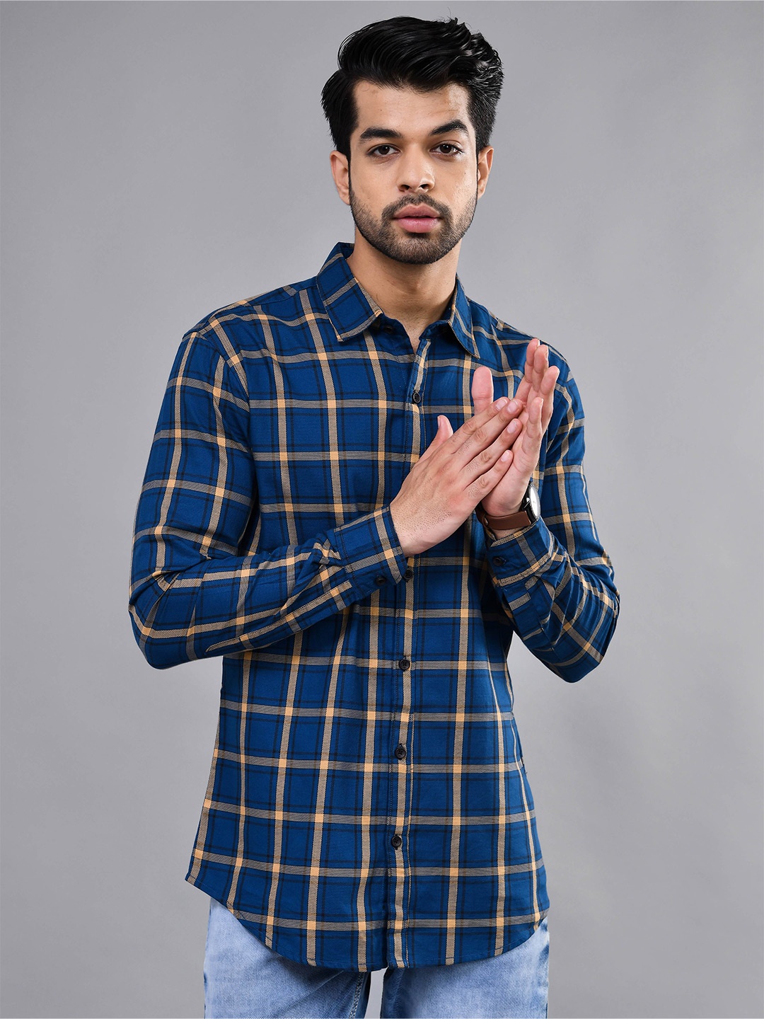 

DEZANO Modern Tartan Checked Pure Cotton Opaque Casual Shirt, Blue