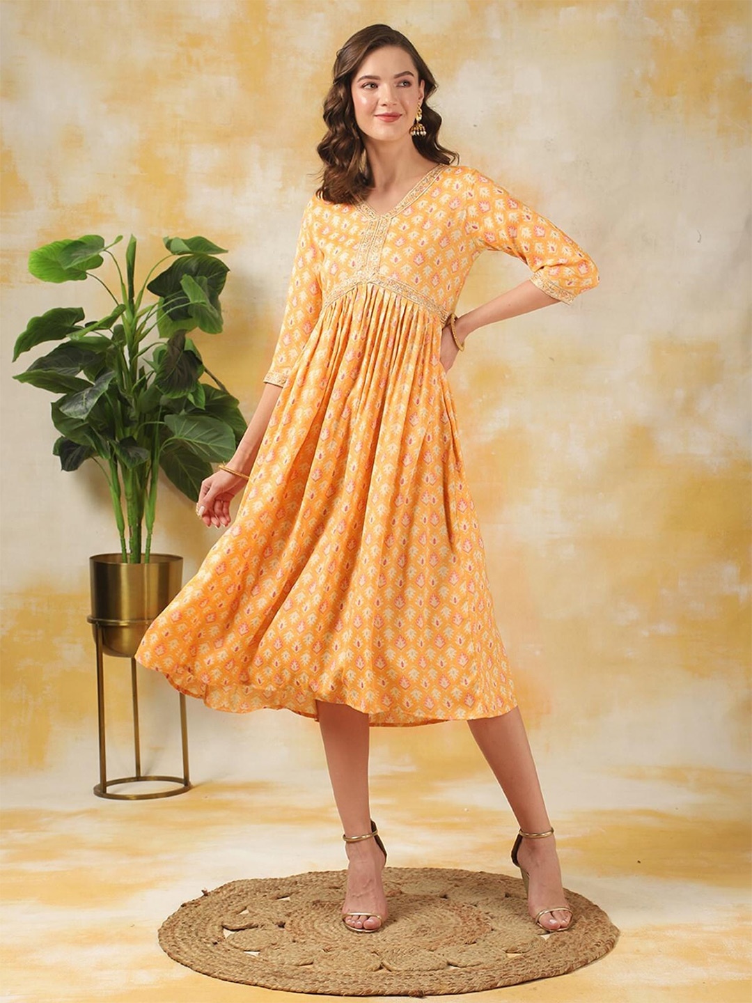 

Rangita Ethnic Motifs Printed A-Line Midi Calf Length Ethnic Dress, Yellow