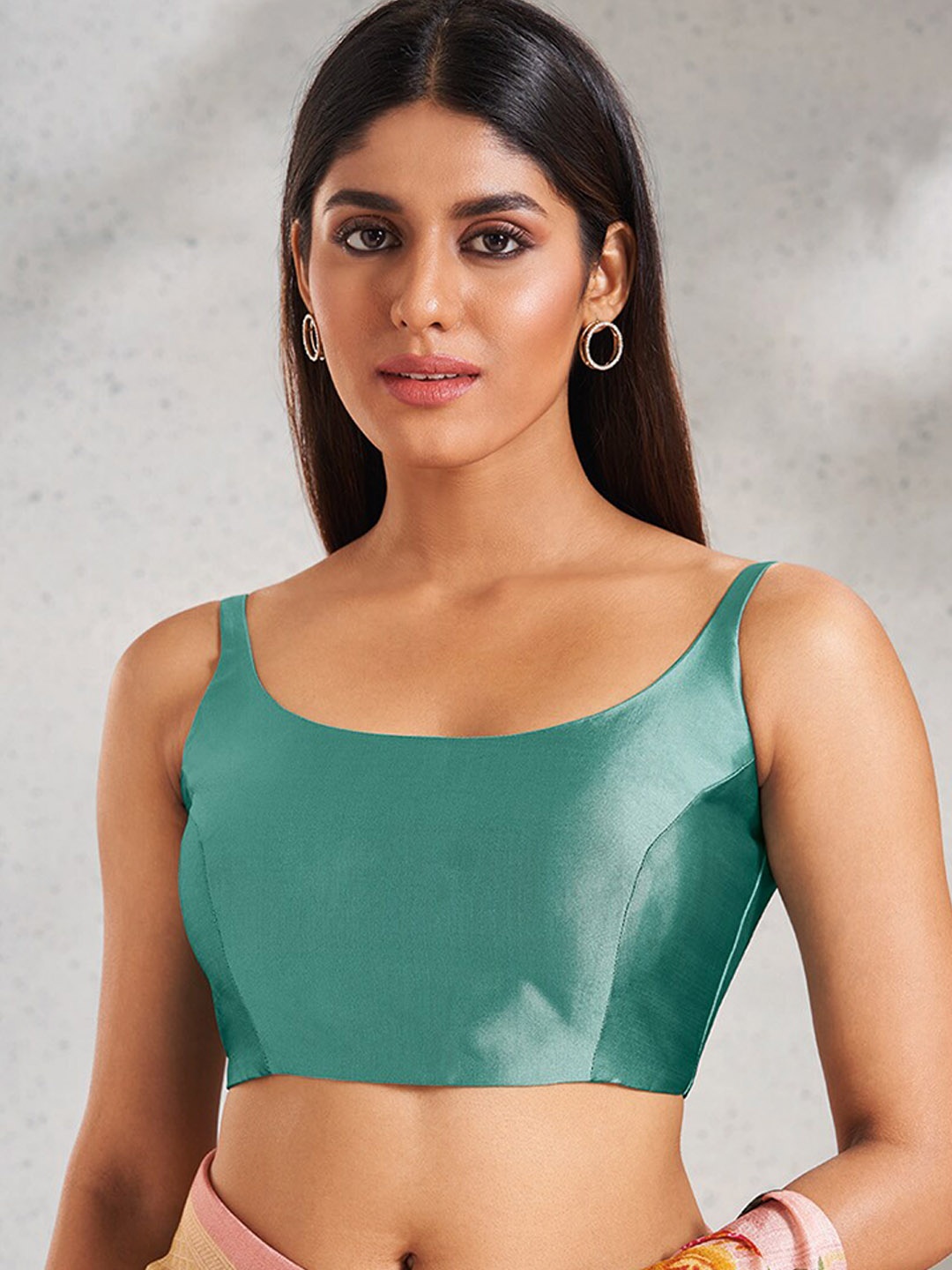 

SALWAR STUDIO Round Neck Sleeveless Silk Readymade Saree Blouse, Teal