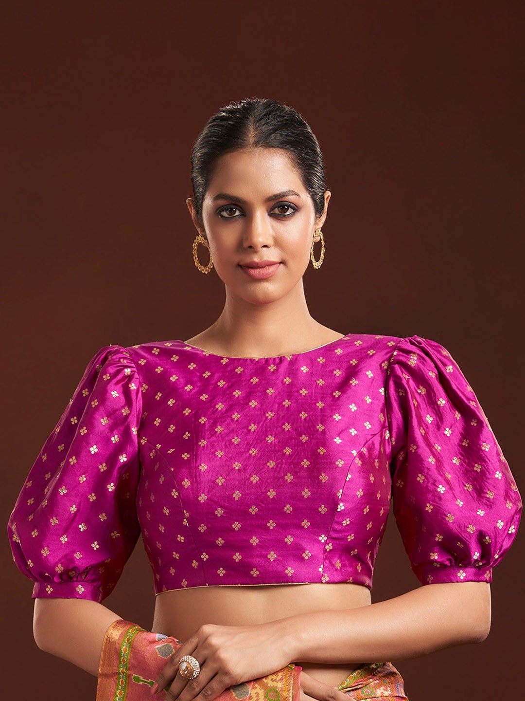 

SALWAR STUDIO Ethnic Motif Woven Design Puff Sleeves Brocade Saree Blouse, Purple