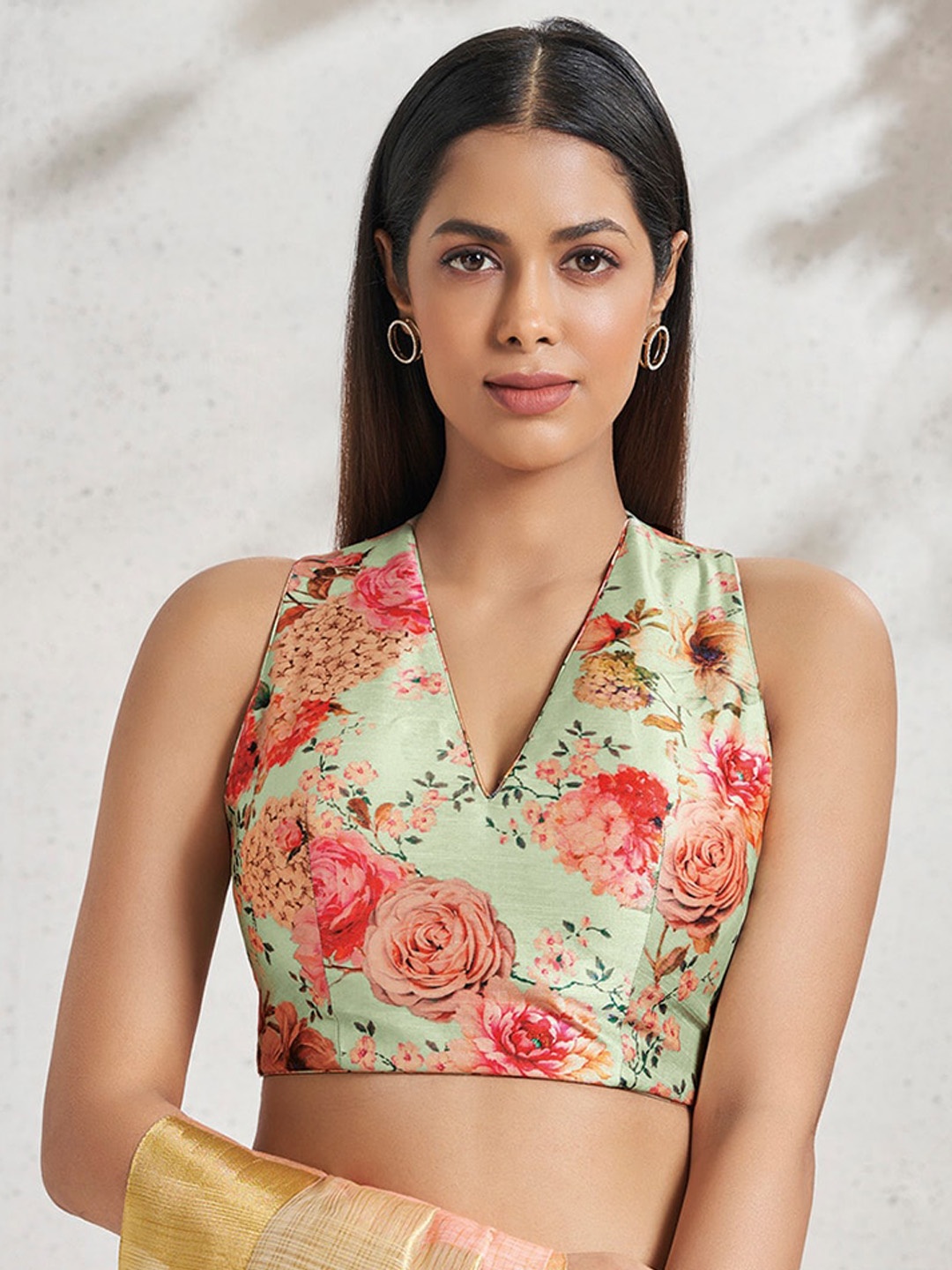 

SALWAR STUDIO Floral Printed Sleeveless Saree Blouse, Green