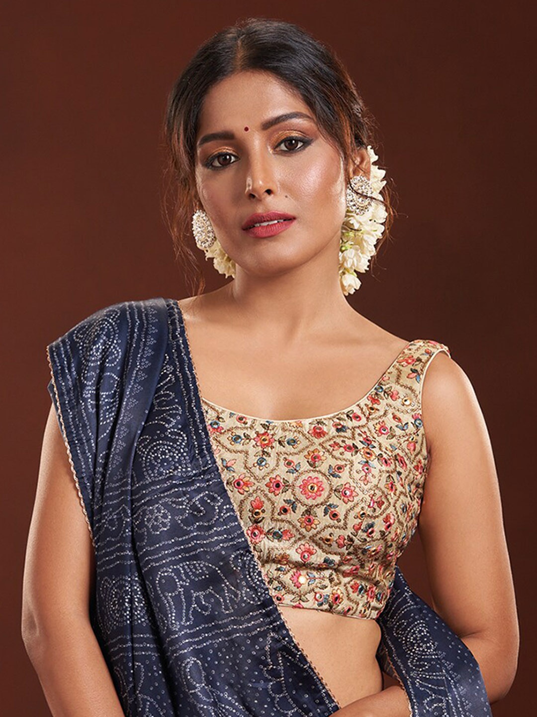 

SALWAR STUDIO Embroidered Silk Saree Blouse, Cream
