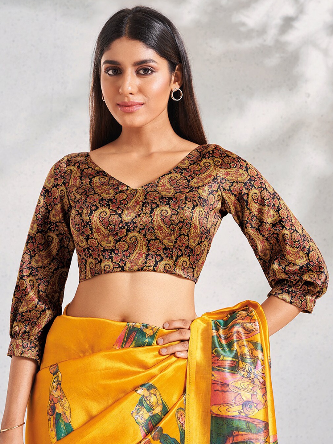 

SALWAR STUDIO Paisley Printed Silk Saree Blouse, Brown