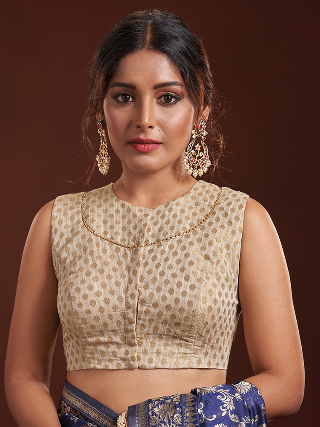 

SALWAR STUDIO Ethnic Motif Woven Design Cotton Saree Blouse, Gold