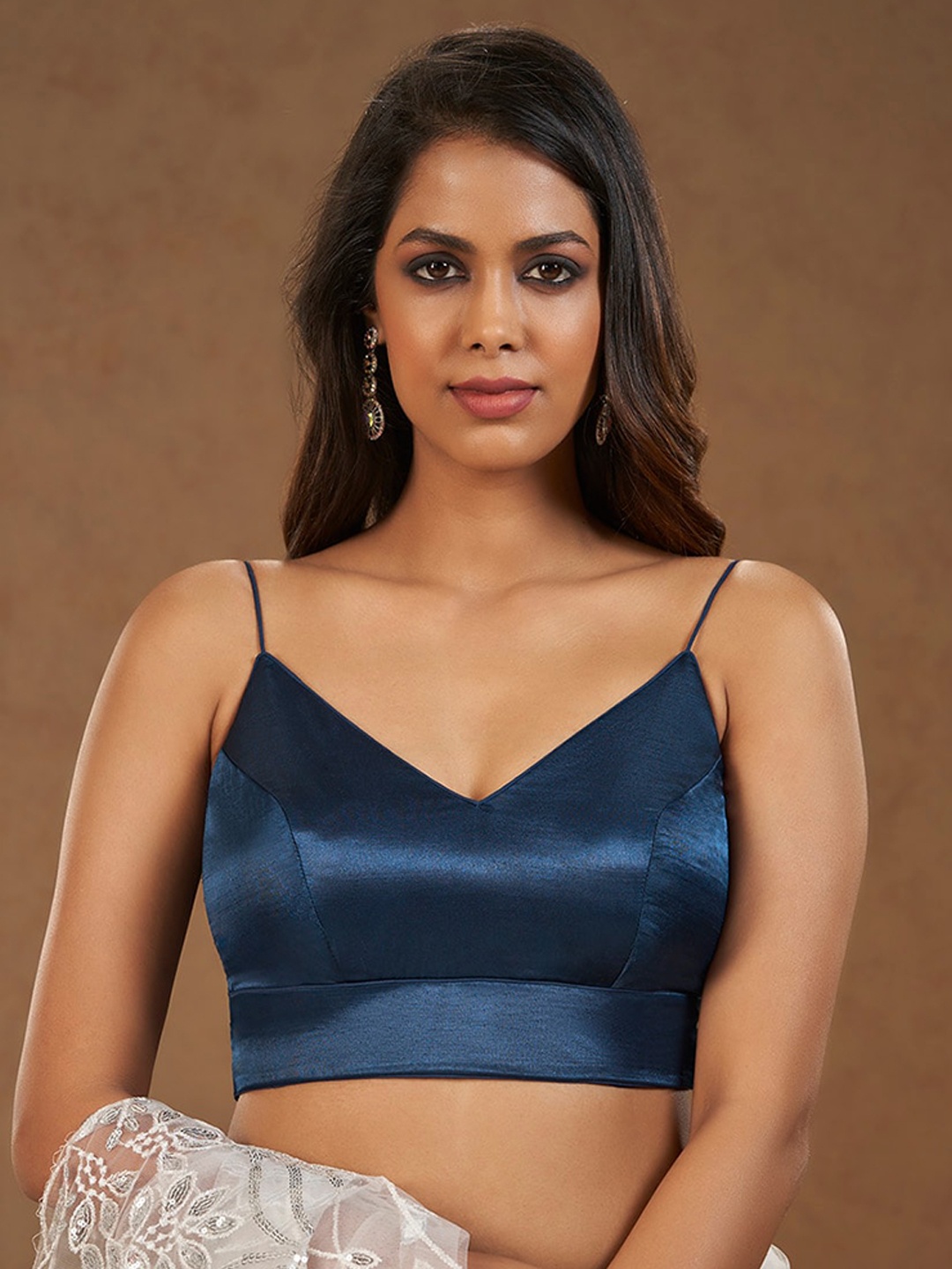 

SALWAR STUDIO V-Neck Silk Saree Blouse, Navy blue