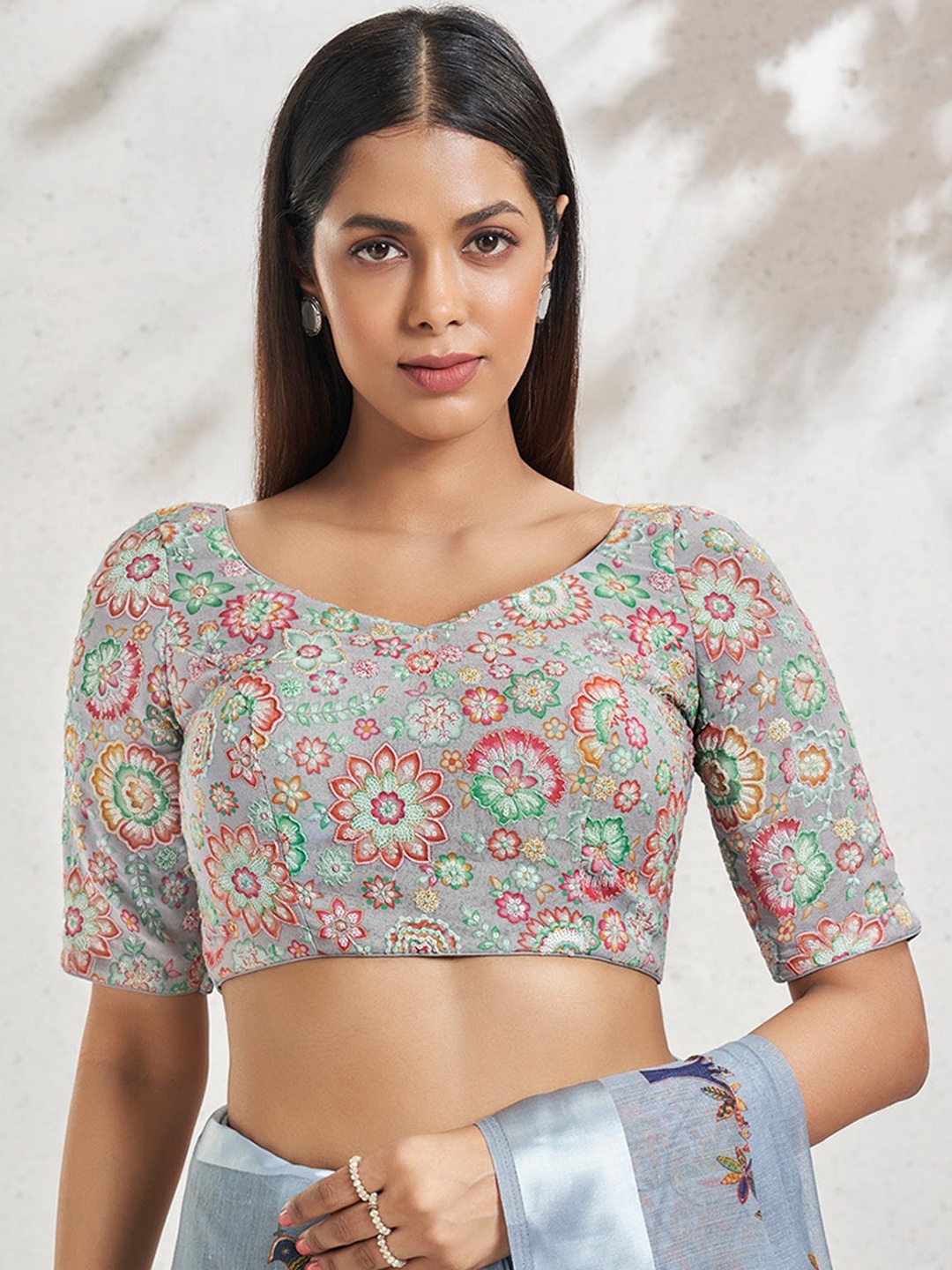 

SALWAR STUDIO Embroidered Saree Blouse, Grey