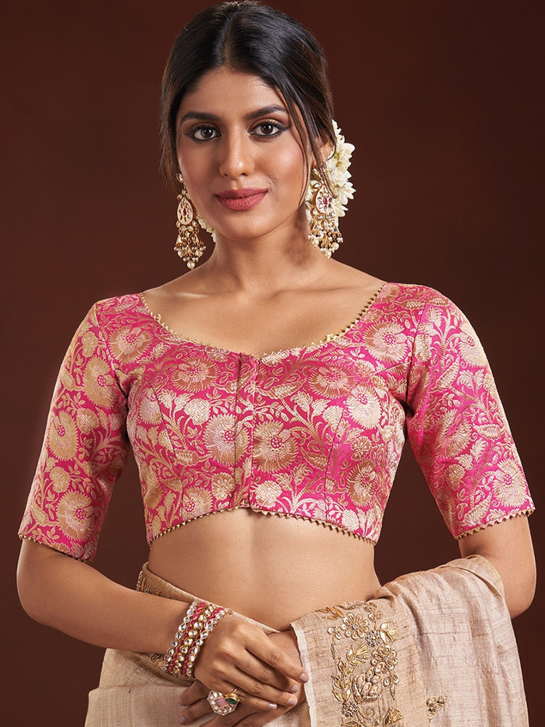 

SALWAR STUDIO Woven Design Brocade Saree Blouse, Pink