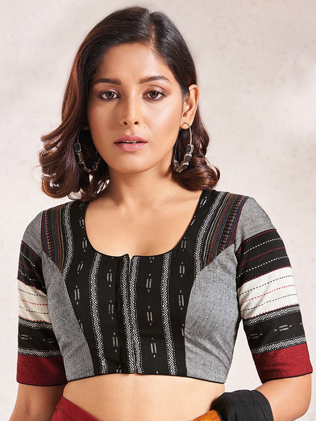 

SALWAR STUDIO Printed Cotton Saree Blouse, Grey