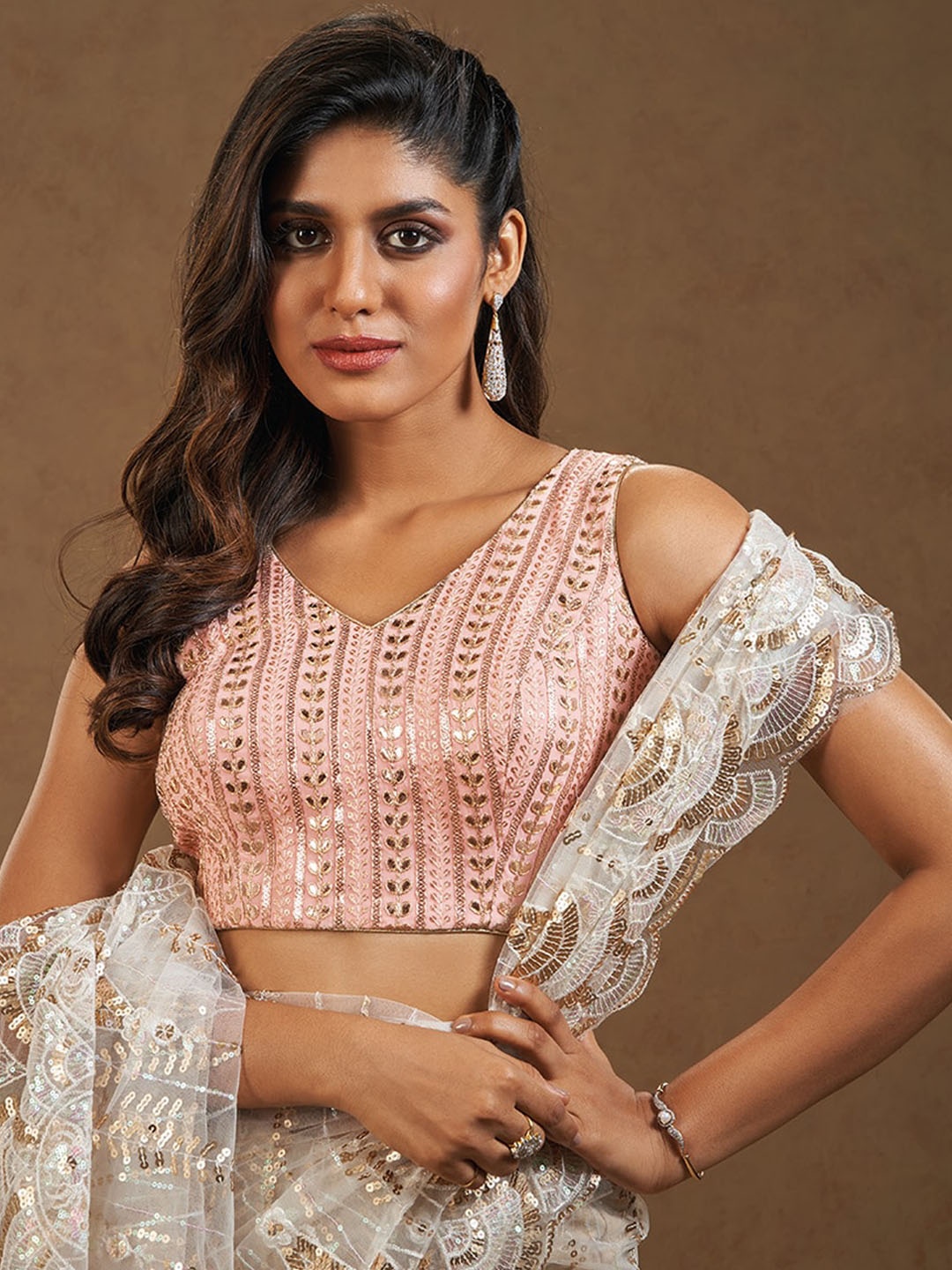 

SALWAR STUDIO V-Neck Embroidered Saree Blouse, Peach