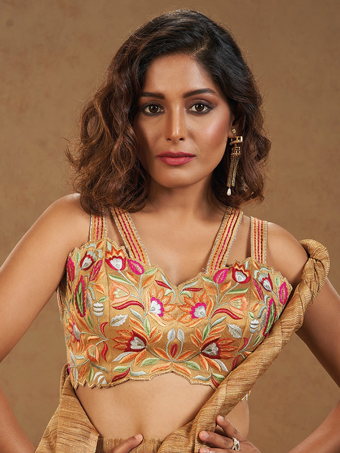 

SALWAR STUDIO Embroidered Silk Saree Blouse, Beige