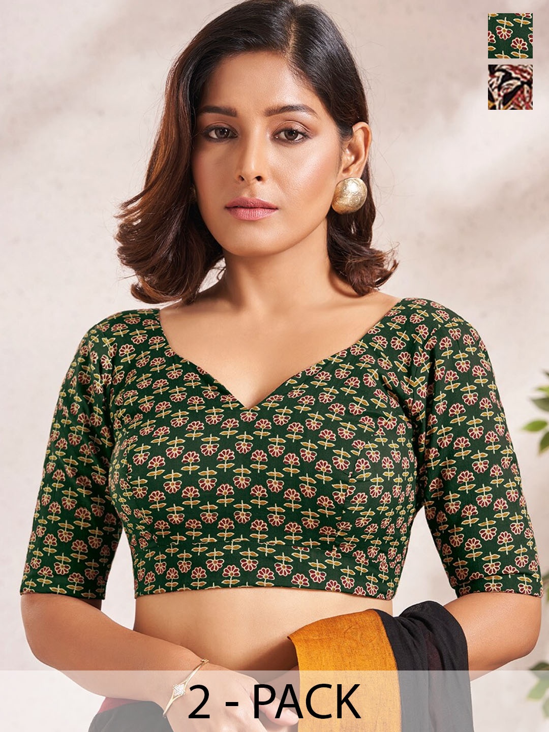 

SALWAR STUDIO Pack Of 2 Printed Cotton Saree Blouse, Green