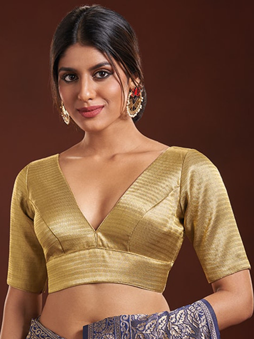 

SALWAR STUDIO Woven Design V-Neck Silk Saree Blouse, Gold