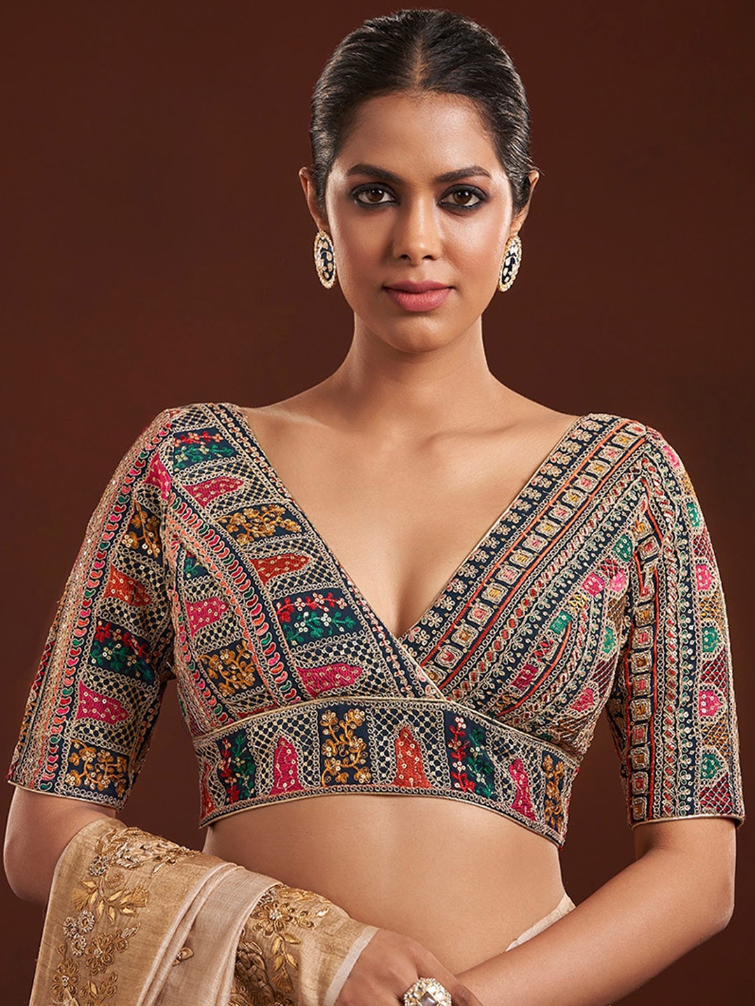 

SALWAR STUDIO V-Neck Embroidered Saree Blouse, Navy blue