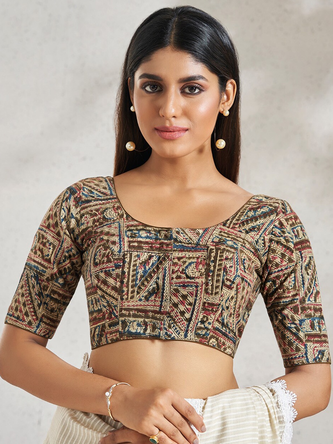 

SALWAR STUDIO Printed Cotton Saree Blouse, Brown