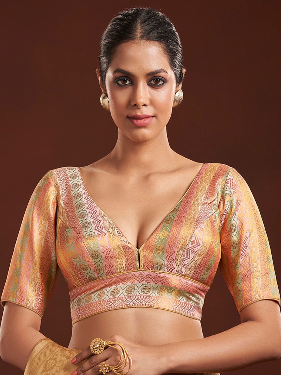 

SALWAR STUDIO Woven Design Brocade Saree Blouse, Peach