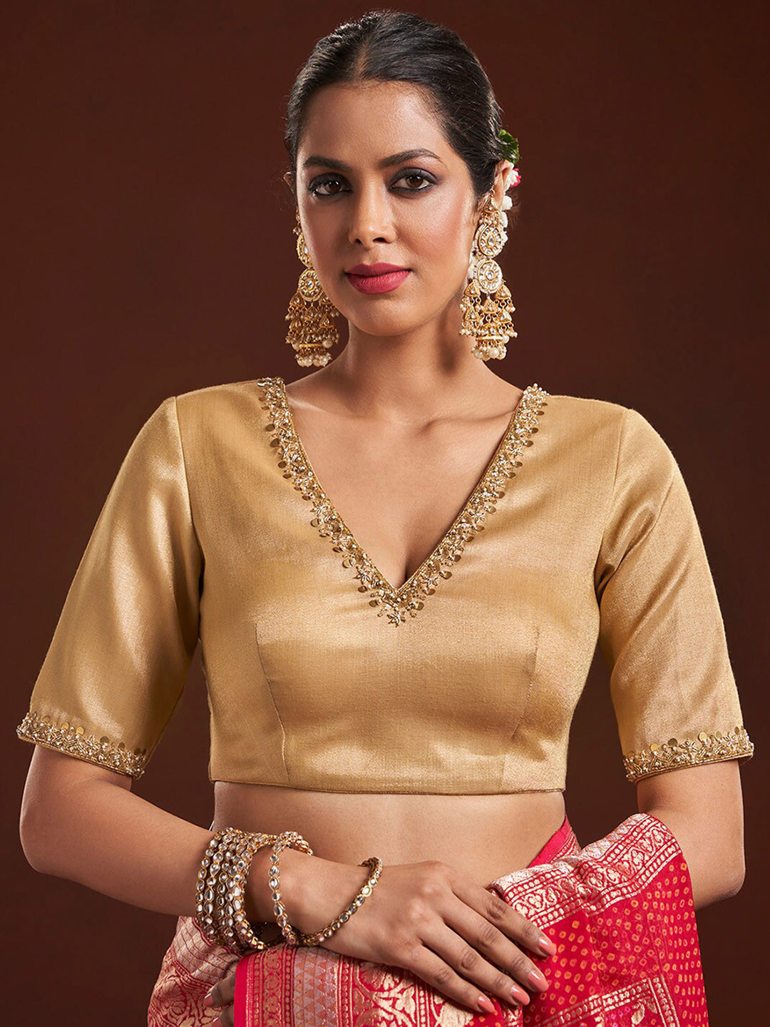 

SALWAR STUDIO Embroidered Brocade Saree Blouse, Gold