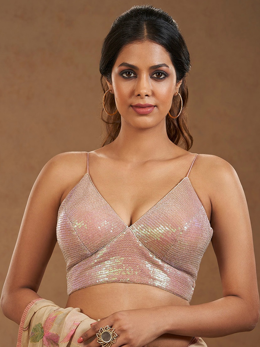 

SALWAR STUDIO Embellished Sequinned Saree Blouse, Rose gold