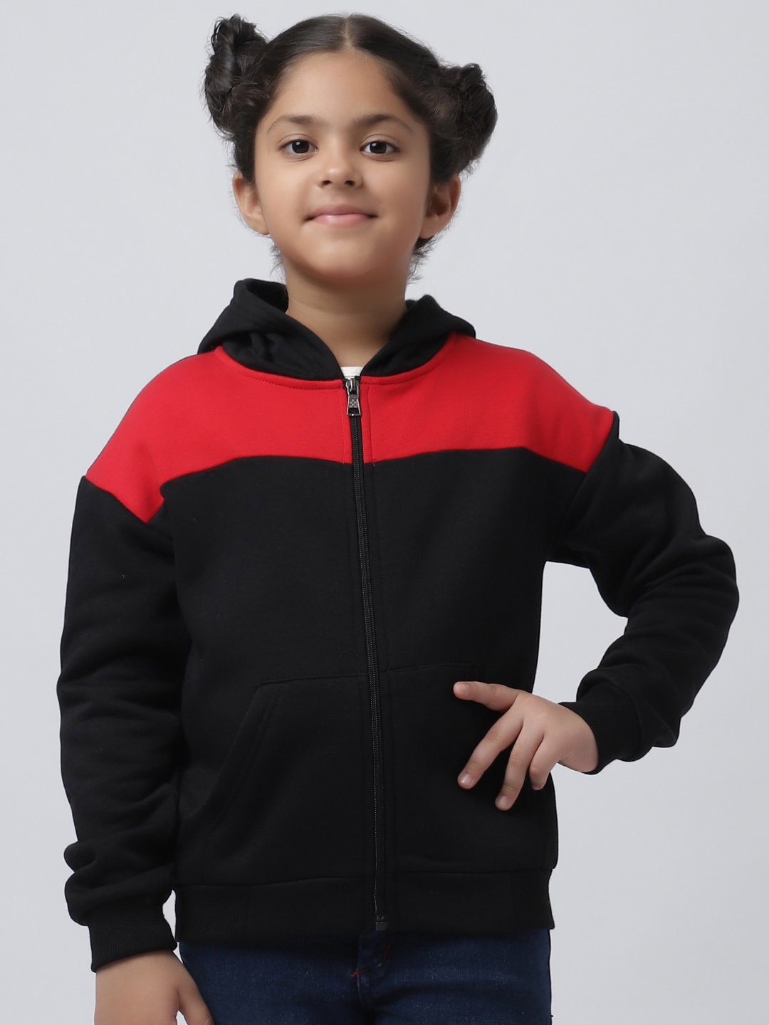 

Rute Girls Colourblocked Hooded Cotton Front-Open Sweatshirt, Black