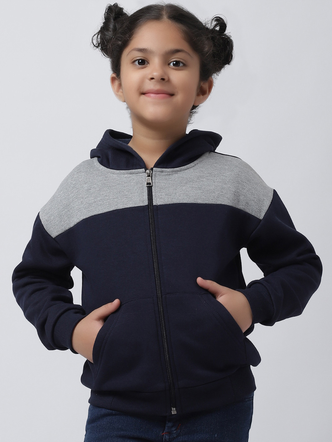 

Rute Girls Colourblocked Hooded Cotton Front-Open Sweatshirt, Navy blue