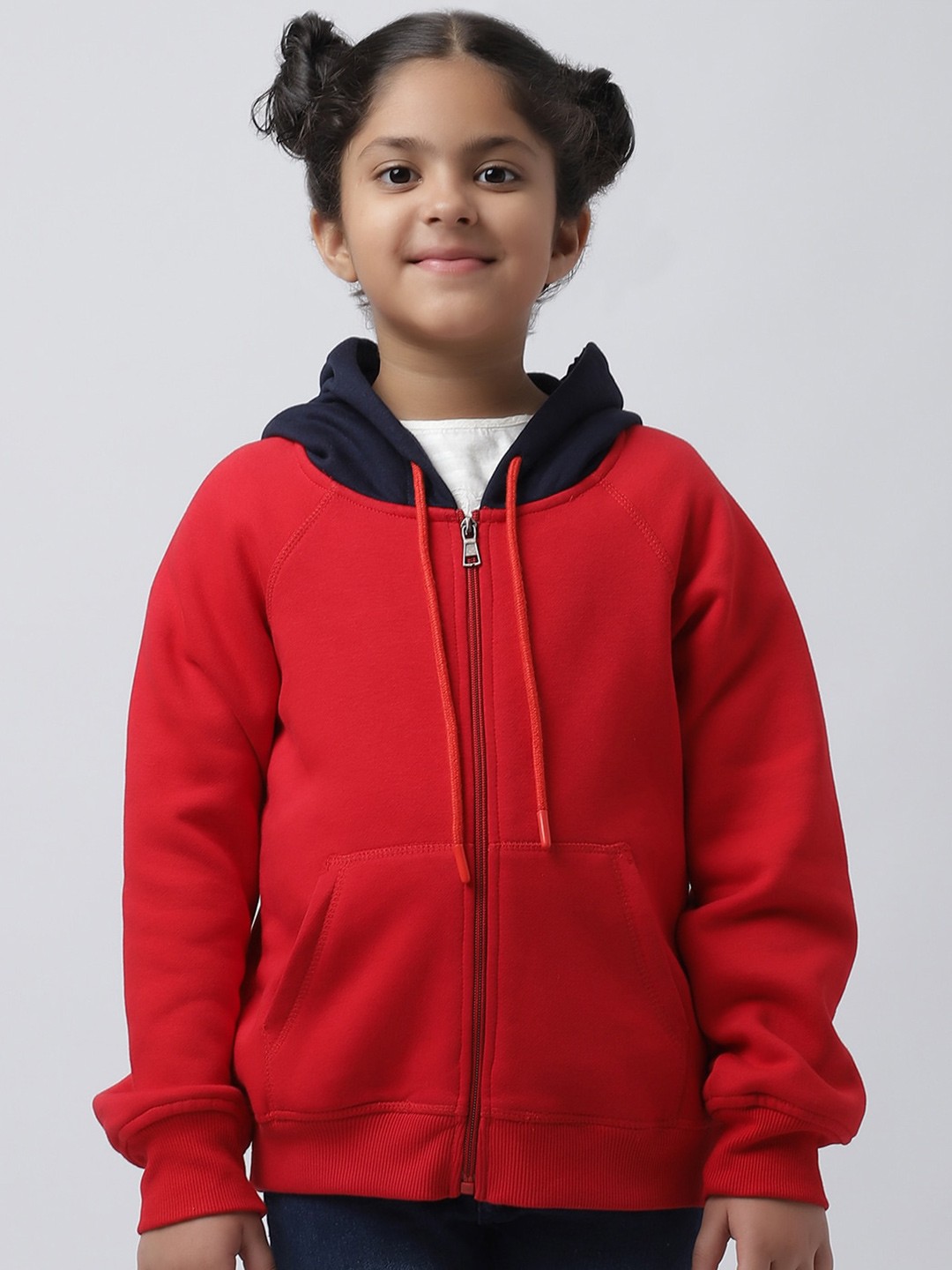 

Rute Girls Colourblocked Hooded Cotton Front-Open Sweatshirt, Red
