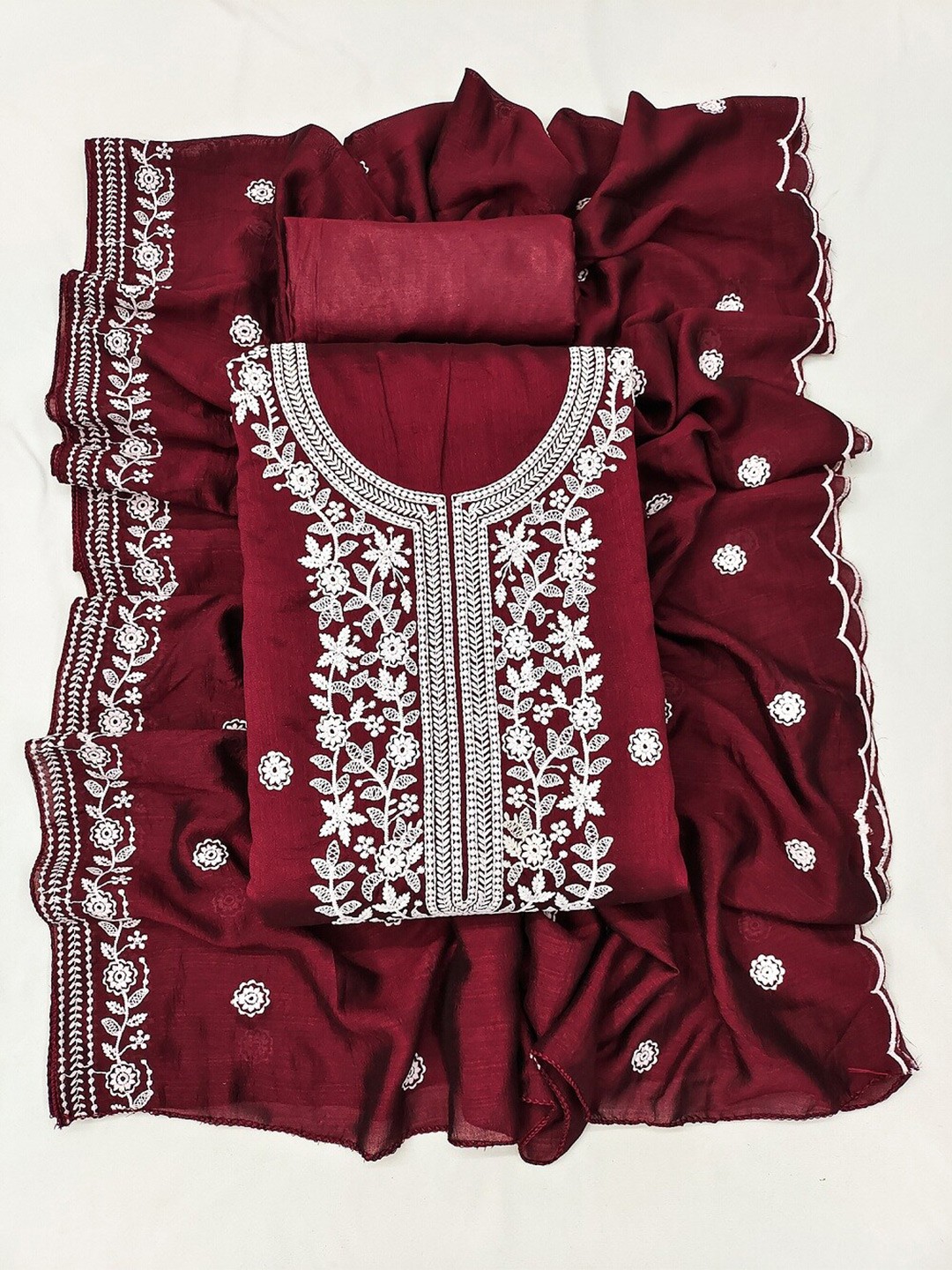 

APNISHA Floral Embroidered Thread Work Pure Silk Unstitched Dress Material, Maroon
