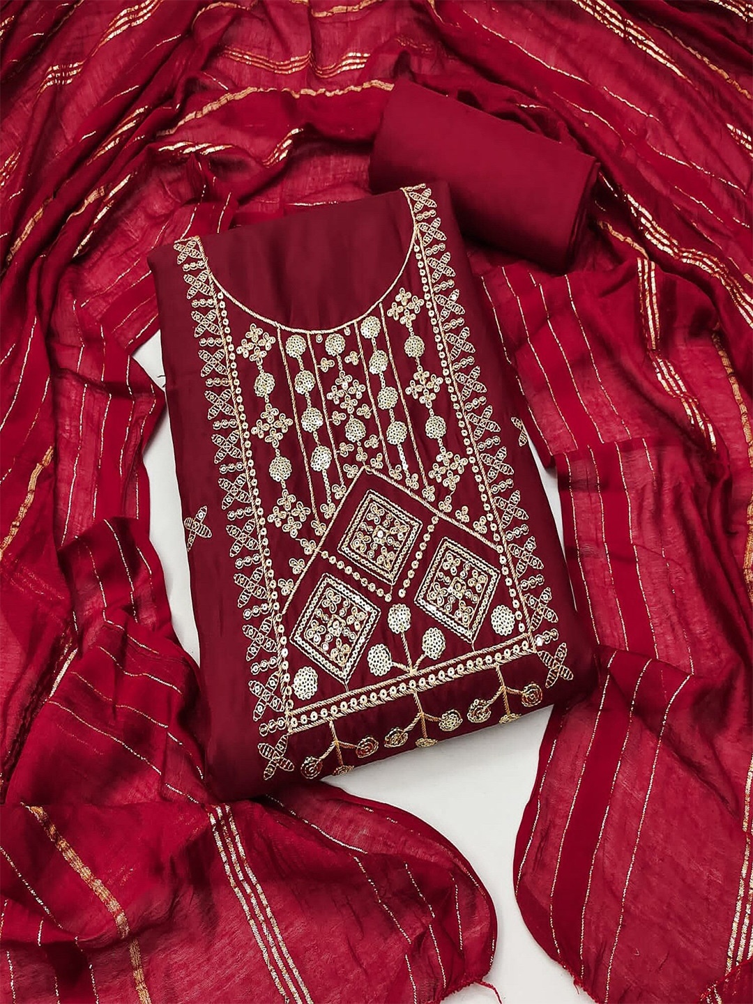 

APNISHA Geometric Embroidered Pure Silk Unstitched Dress Material, Maroon