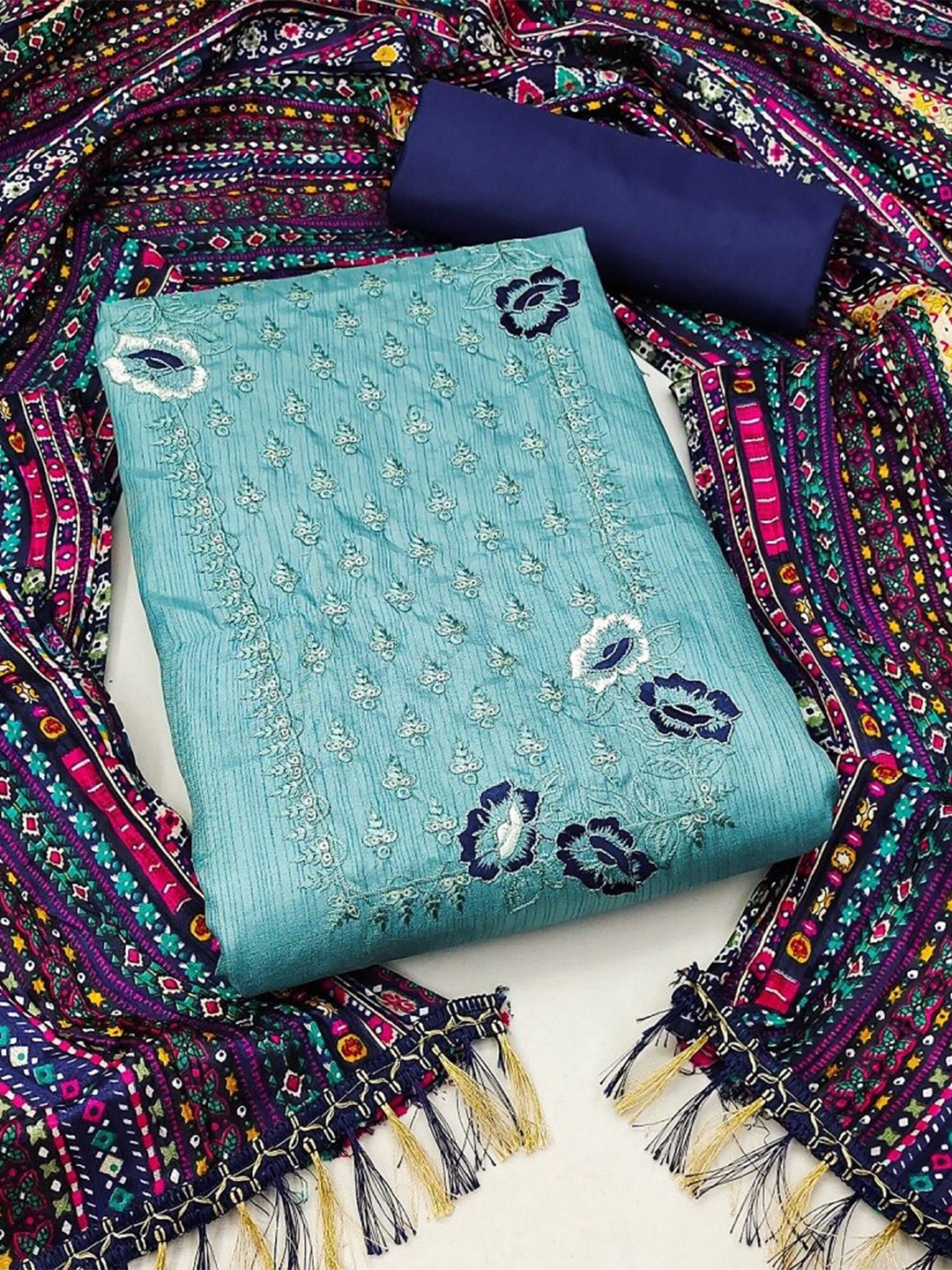 

APNISHA Ethnic Motifs Embroidered Pure Silk Unstitched Dress Material, Turquoise blue