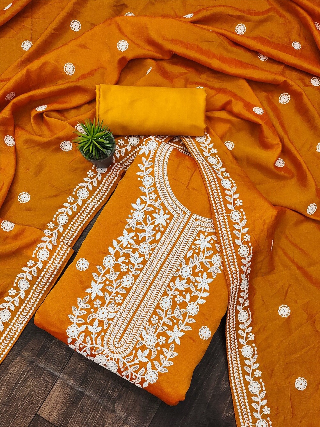 

APNISHA Floral Embroidered Pure Silk Unstitched Dress Material, Orange