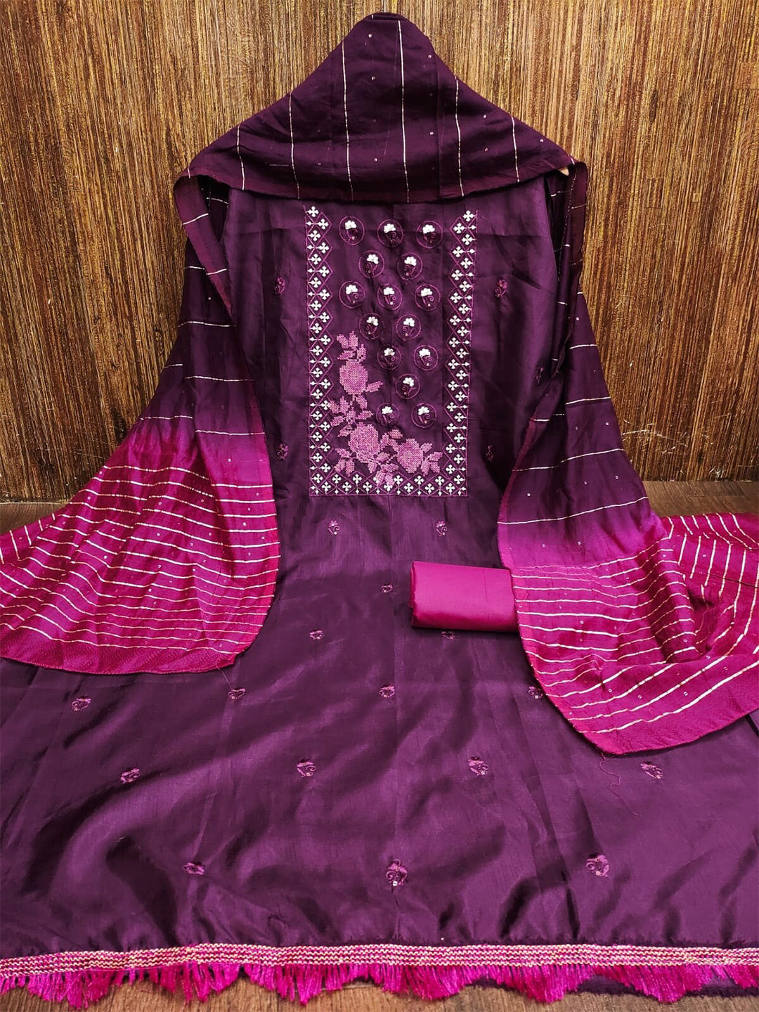 

APNISHA Floral Embroidered Sequinned Pure Silk Unstitched Dress Material, Lavender