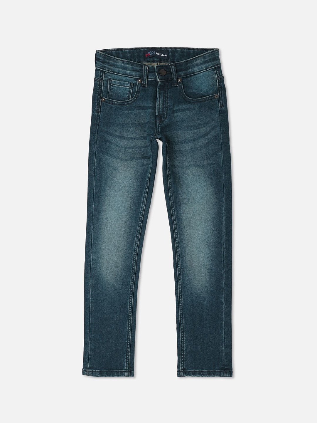 

Pepe Jeans Boys Slim Fit Clean Look Heavy Fade Whiskers & Chevrons Stretchable Jeans, Blue
