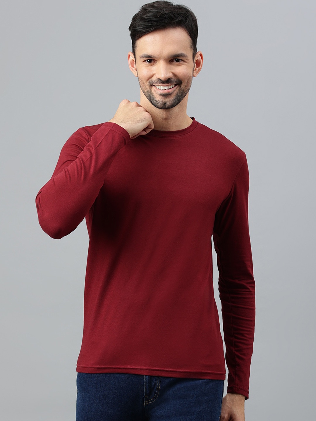 

BESIMPLE Round Neck Cotton Regular Fit T-shirt, Burgundy