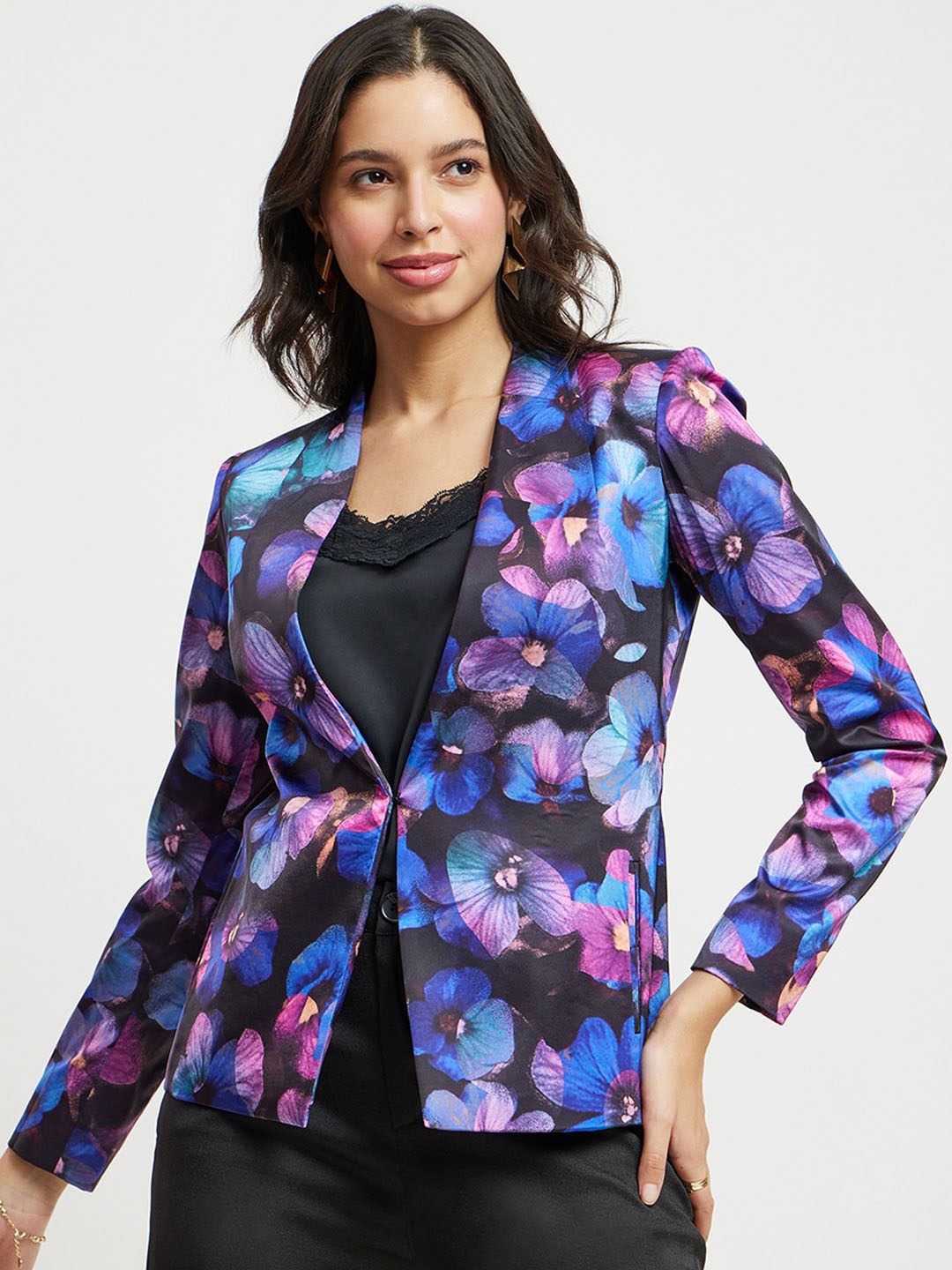 

FableStreet Floral Printed Single-Breasted Satin Blazer, Navy blue