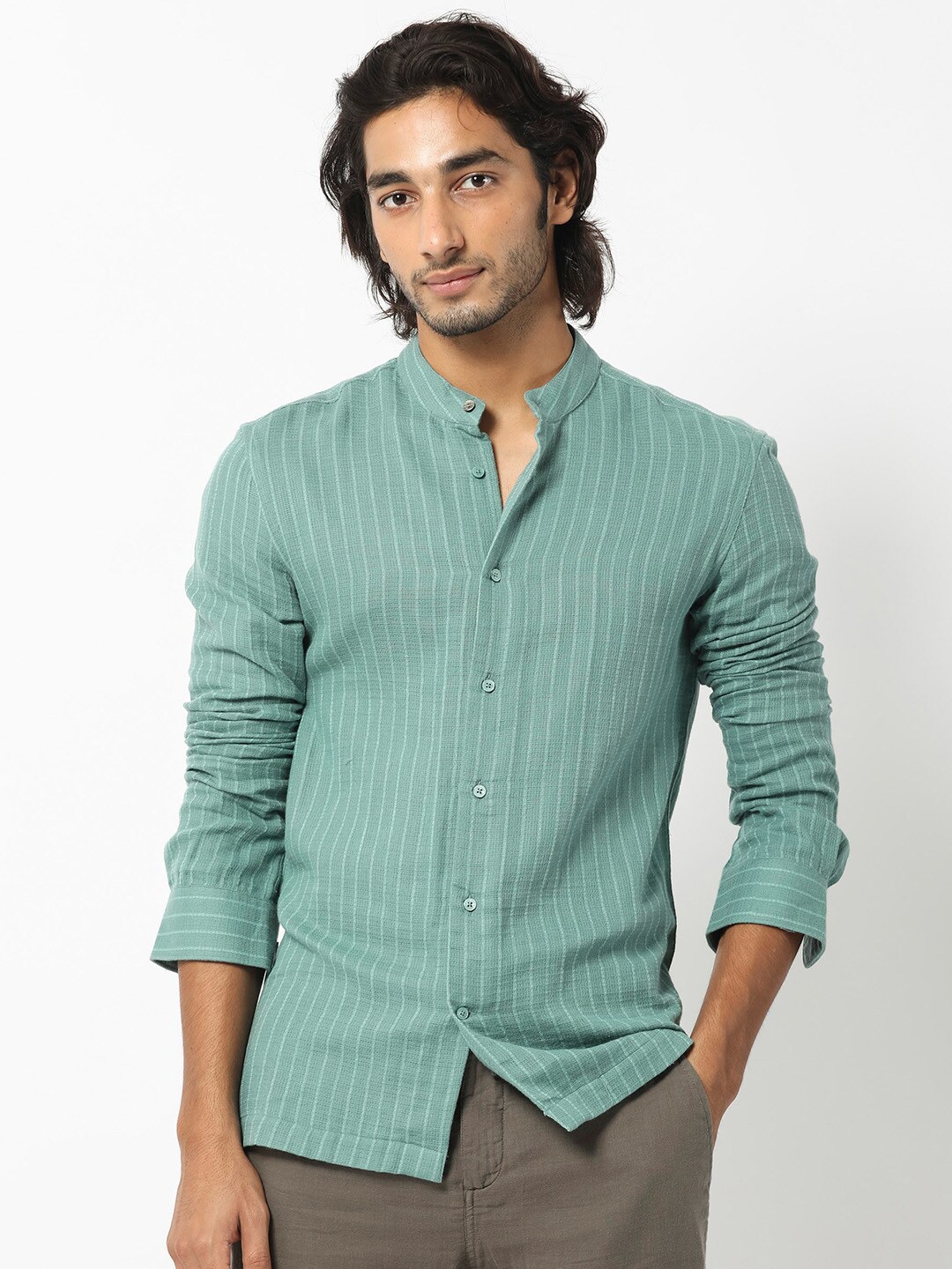 

RARE RABBIT Men Manzar Slim Fit Vertical Striped Band Collar Cotton Shirt, Blue