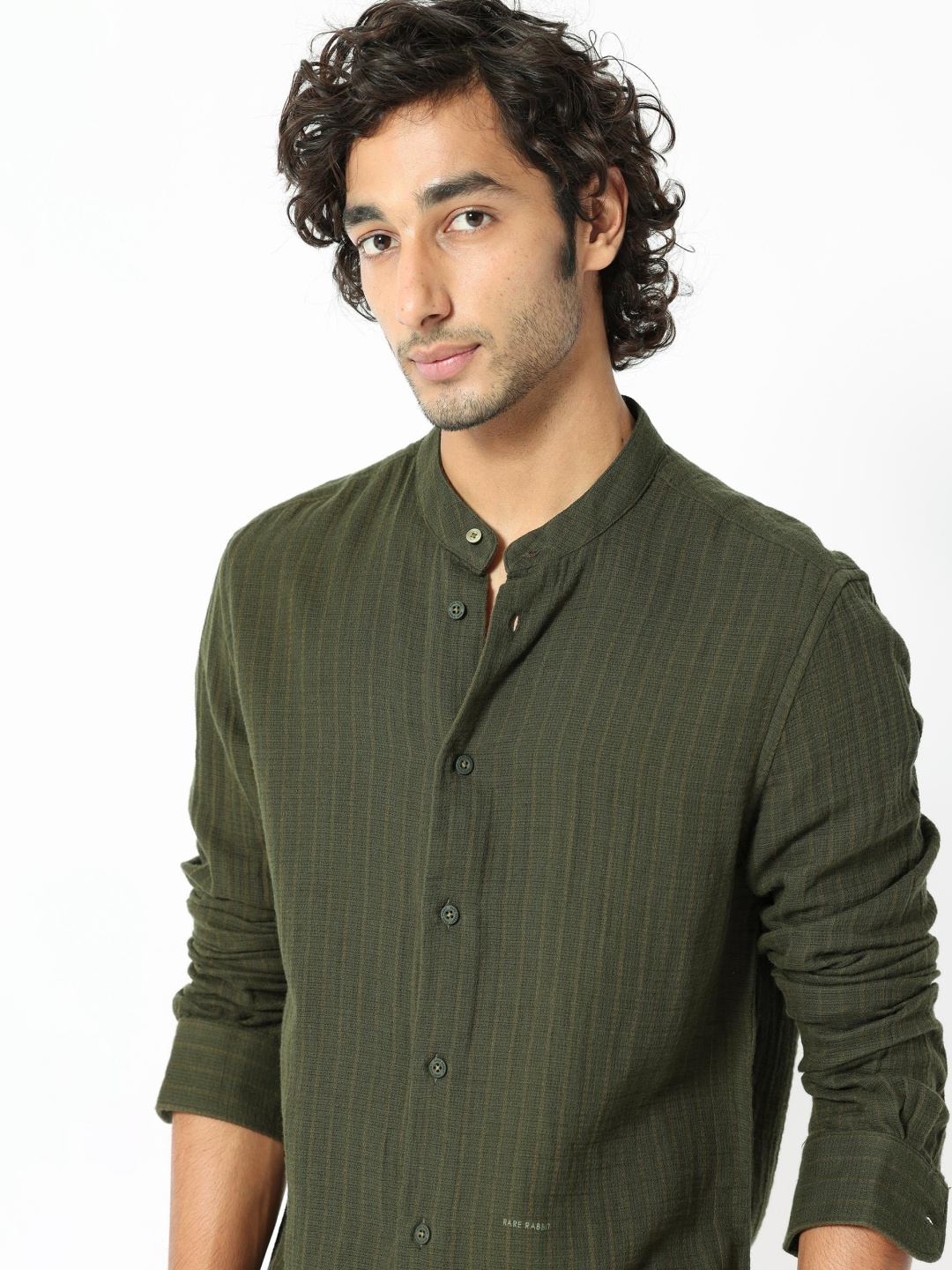 

RARE RABBIT Men Manzar Slim Fit Vertical Striped Band Collar Cotton Shirt, Green