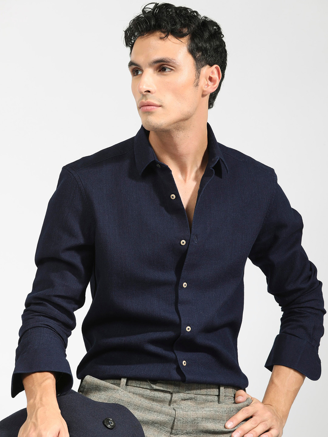 

RARE RABBIT Men Bantry Slim Fit Spread Collar Cotton Shirt, Blue