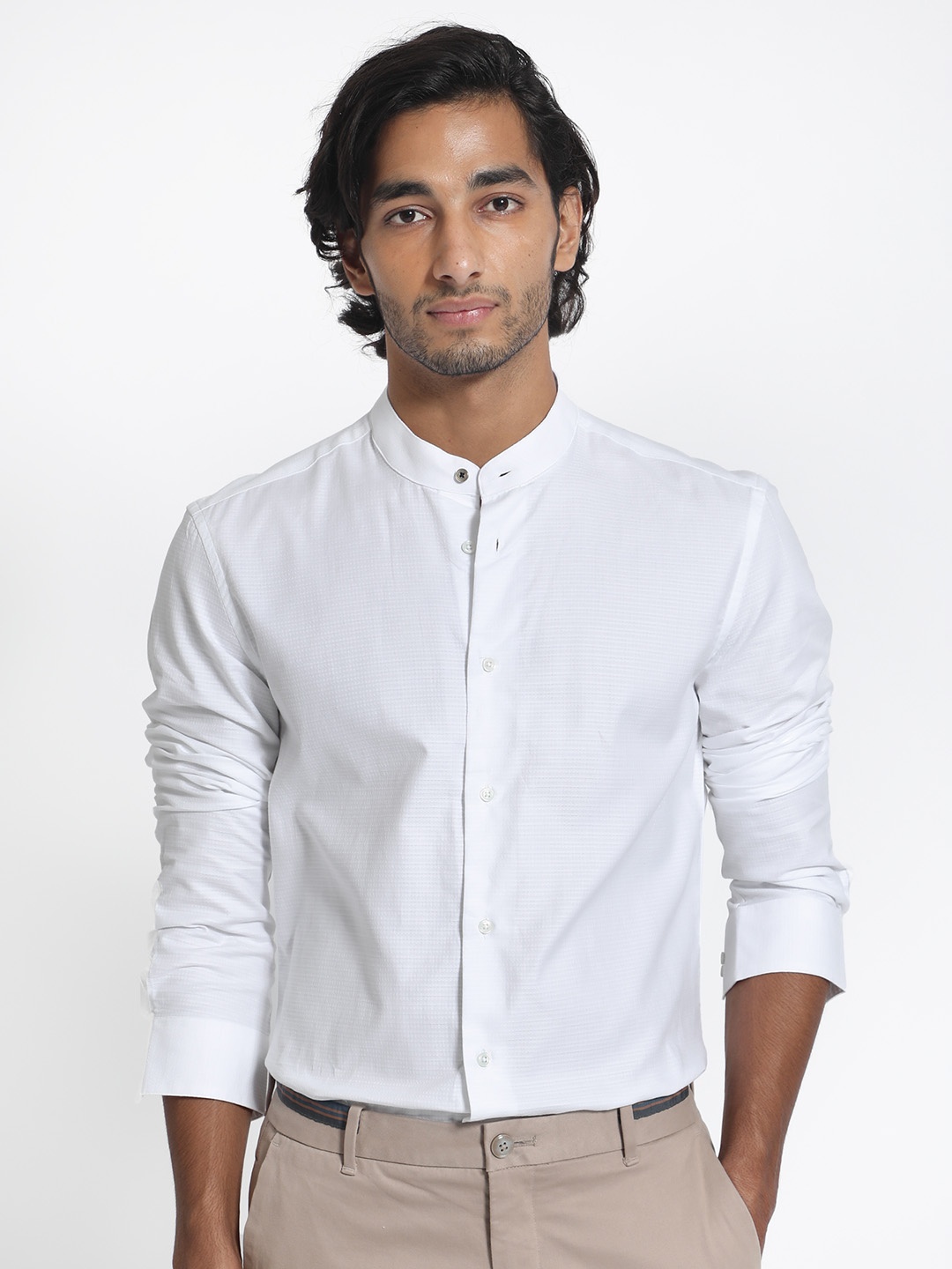 

RARE RABBIT Men Stellar Slim Fit Band Collar Cotton Shirt, White