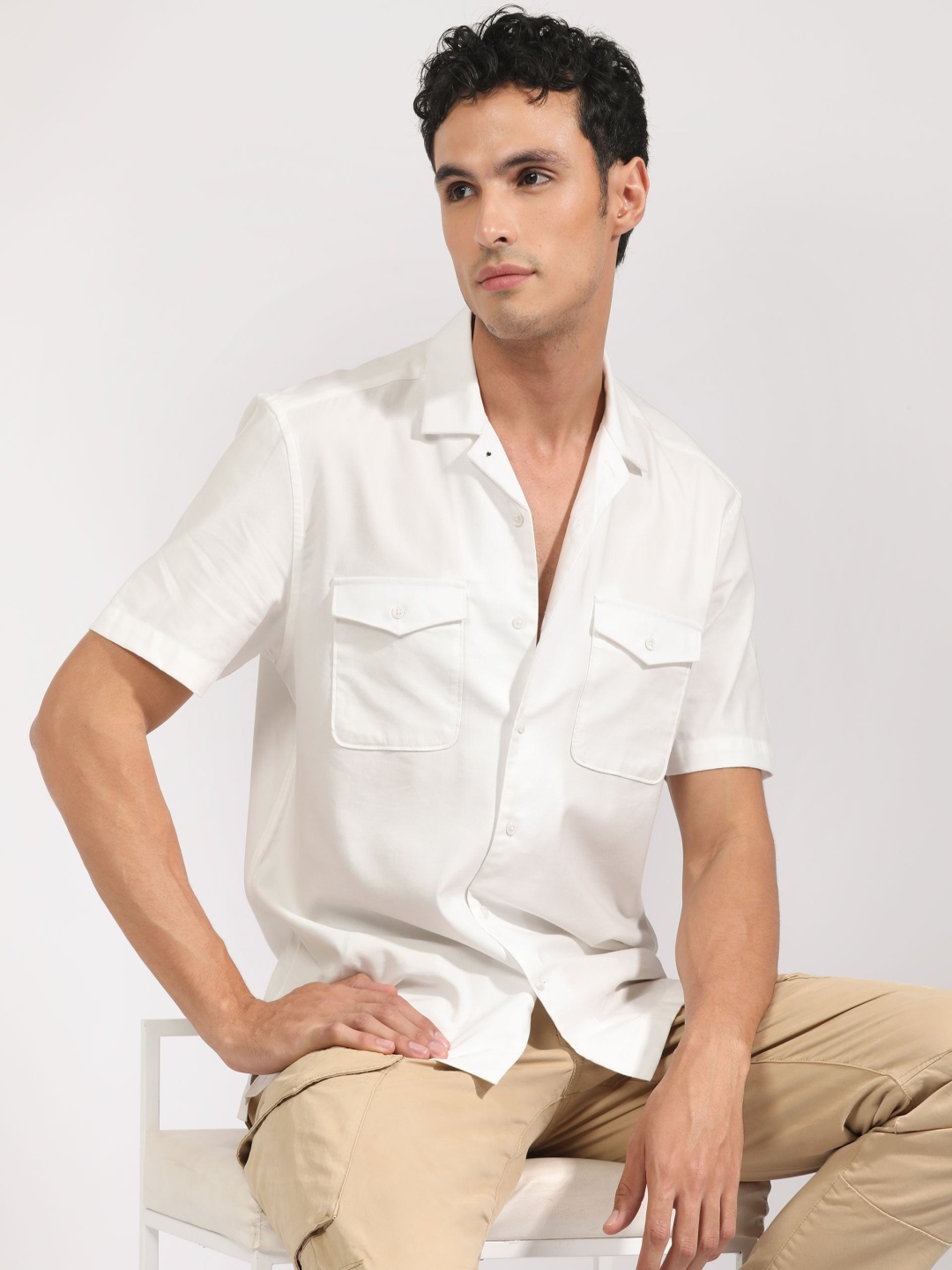 

RARE RABBIT Men Salford Slim Fit Cuban Collar Cotton Shirt, White