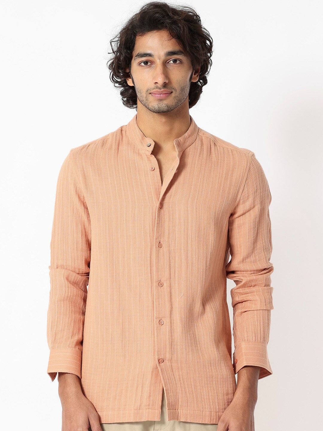 

RARE RABBIT Men Manzar Slim Fit Striped Band Collar Cotton Shirt, Beige