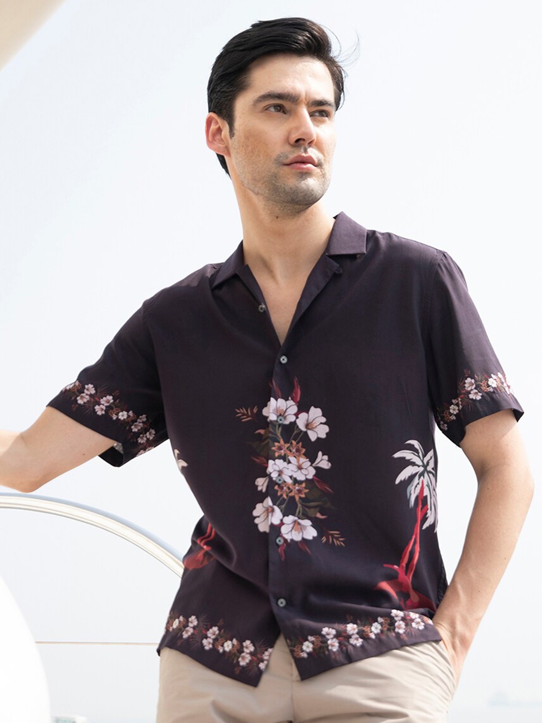 

RARE RABBIT Men Rae Graphic Printed Slim Fit Floral Opaque Cotton Shirt, Brown