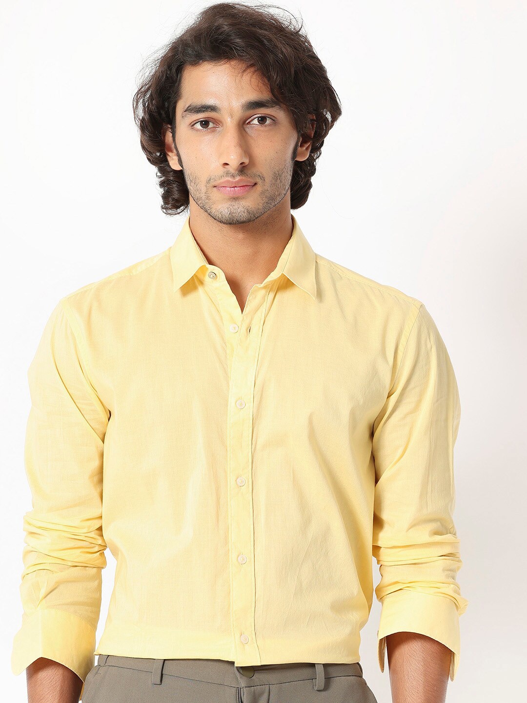 

RARE RABBIT Men Flees Spread Collar Slim Fit Opaque Cotton Shirt, Yellow