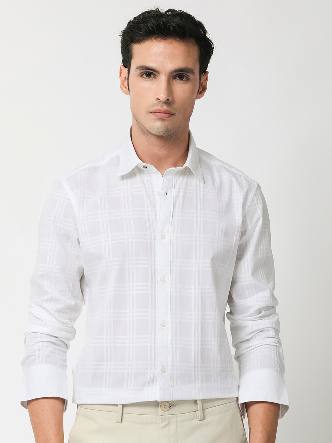 

RARE RABBIT Men Roar Slim Fit Checked Cotton Shirt, White