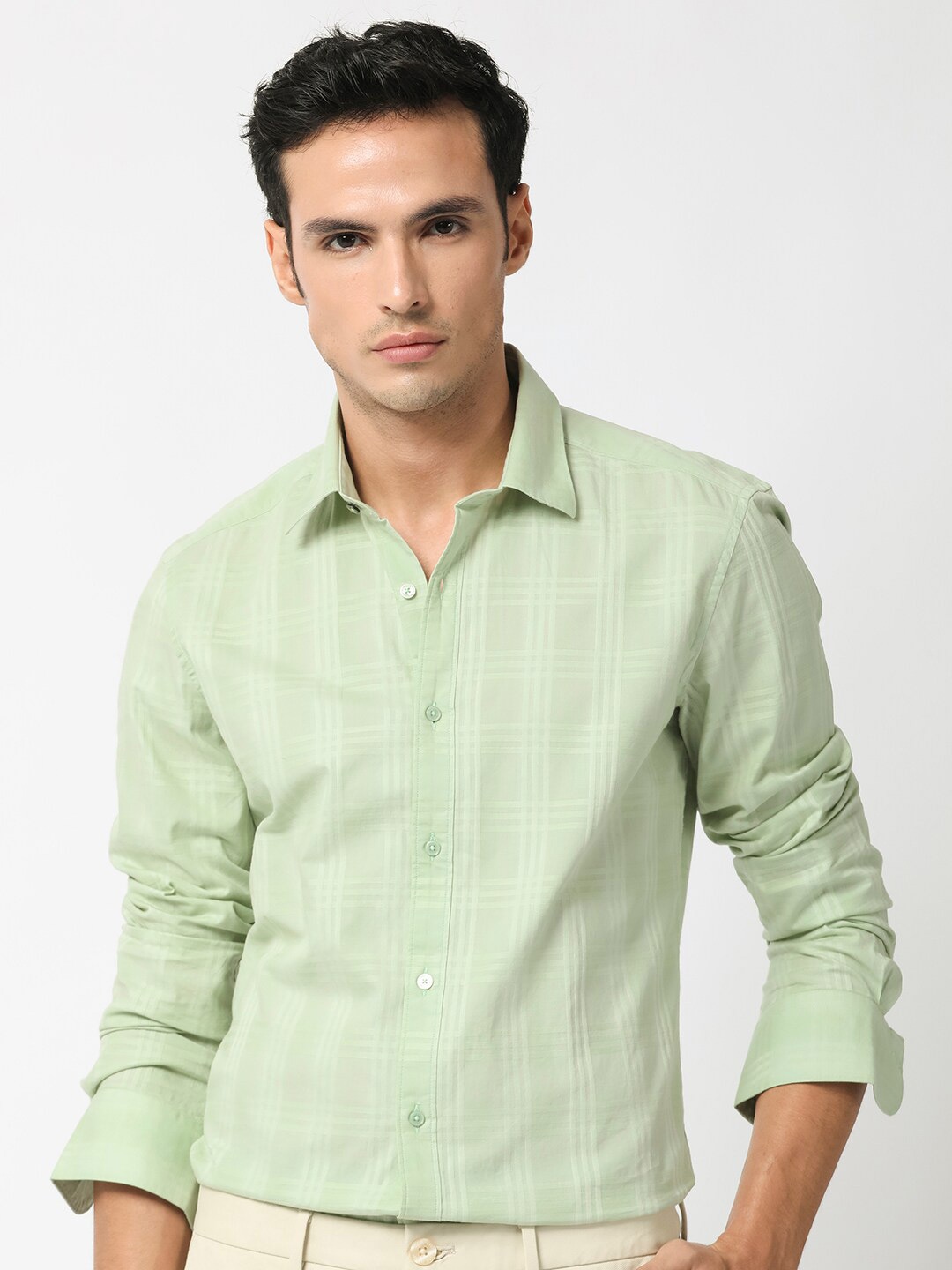

RARE RABBIT Men Roar Slim Fit Checked Cotton Shirt, Green