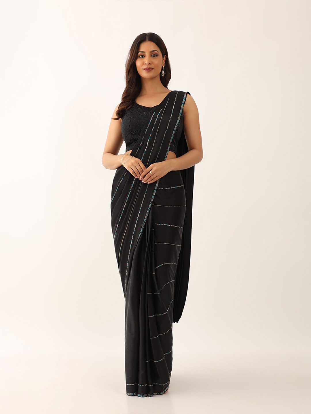 

Taneira Striped Sequinned Saree, Black