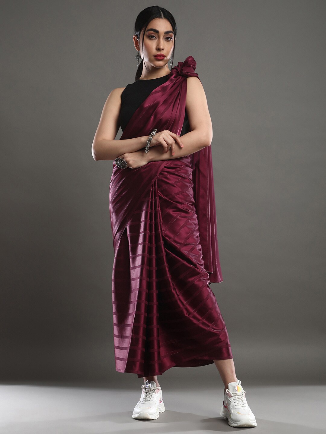 

Mitera Striped Satin Saree, Purple