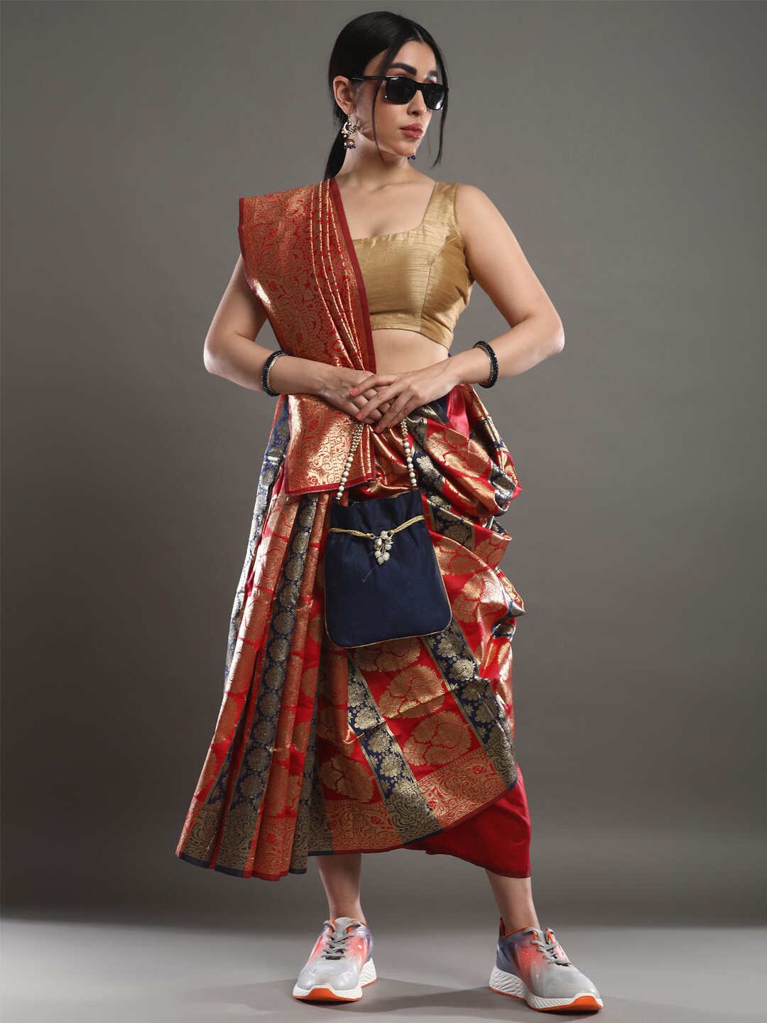 

Mitera Red & Gold-Toned Ethnic Motifs Woven Design Zari Banarasi Saree