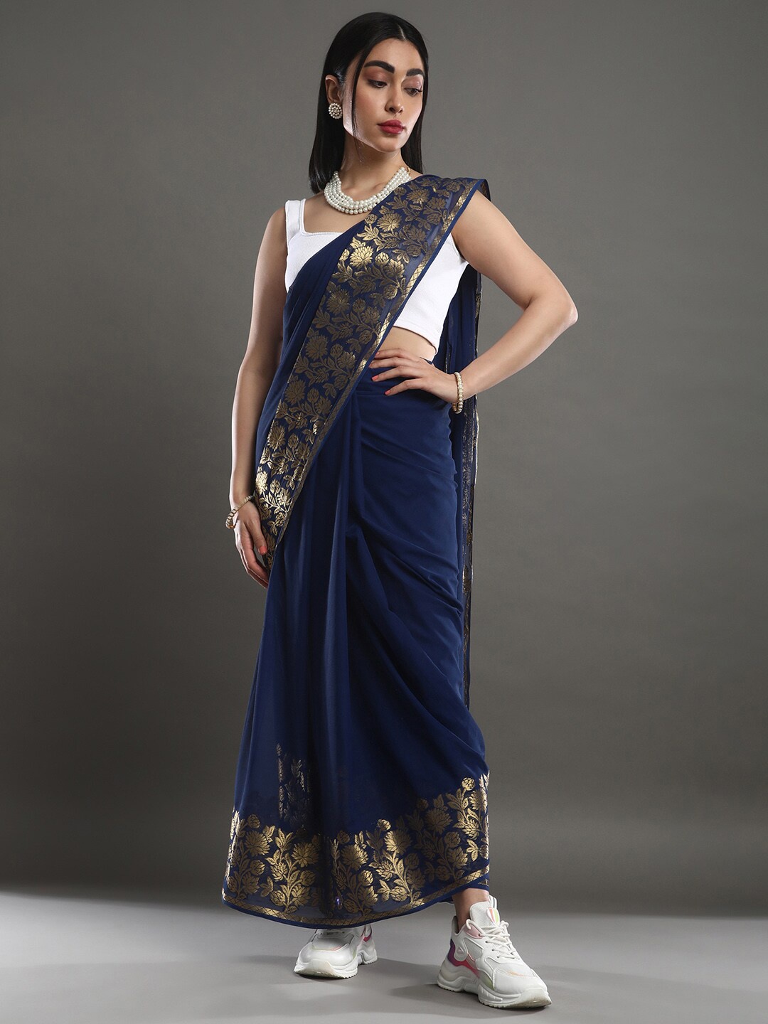 

Mitera Navy Blue Gold Toned Woven Design Zari Poly Georgette Saree